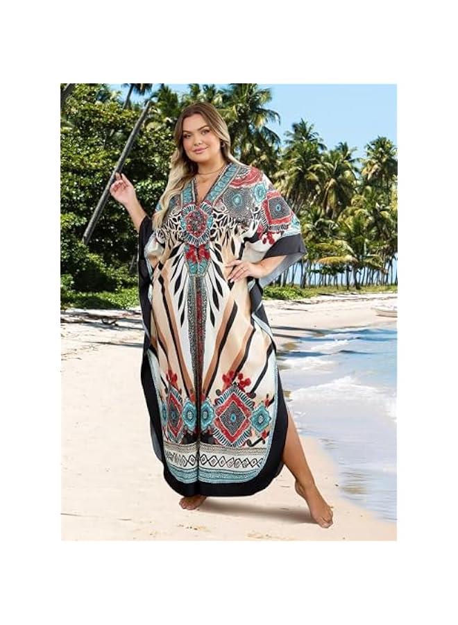 عربست يانزدلو فساتين قفطان بمقاس كبير بقبة V للنساء، ملابس سباحة مصبوغة بالربط واكمام جناح الخفاش فستان مومو قفطان - Image 4