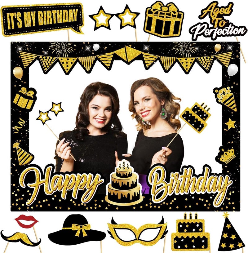 Al Raied ARS® Black Gold Birthday Photo Booth Props & Selfie Frame Set - Image 1