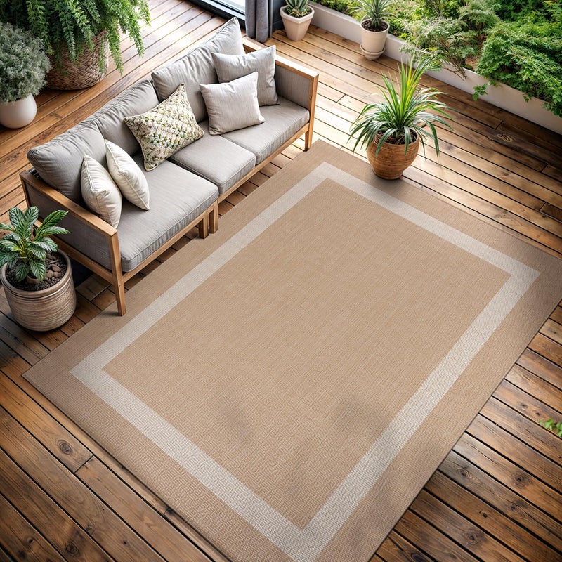 CAMILSON Outdoor Rug 6x9, Modern Outside Rugs for Patios Porches Waterproof Durable Washable Non-Shedding, Easy-to-Clean Indoor Outdoor Area Carpet (6 x 9, Bordered - Beige/White) - Image 1