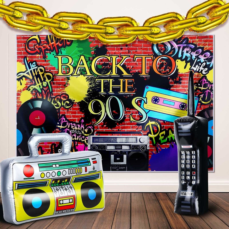 Threan 90s Party Decorations Supplies Includes Inflatable Radio Boombox Backdrop Inflatable Mobile Phone and 16 Inch Gold Foil Chain Balloons for Cosplay Prop Hip Hop Party - Image 2
