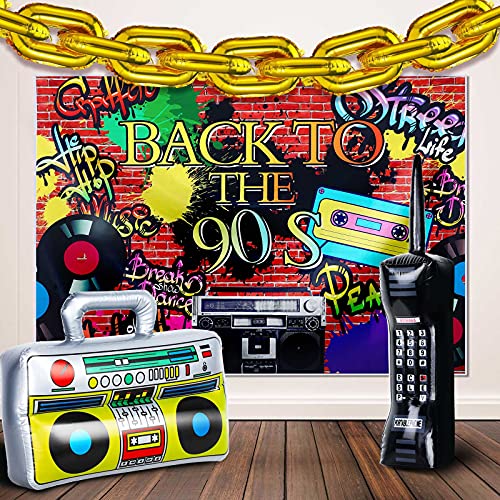 Threan 90s Party Decorations Supplies Includes Inflatable Radio Boombox Backdrop Inflatable Mobile Phone and 16 Inch Gold Foil Chain Balloons for Cosplay Prop Hip Hop Party - Image 1