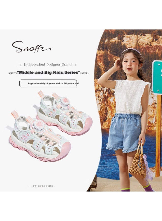 Snoffy Girls' Sports Sandals, Summer Rotating Buckle Children's Anti-collision River Tracing Shoes, Breathable Comfortable Mesh Shoes, Mirror Pink, Size 26 - Image 1