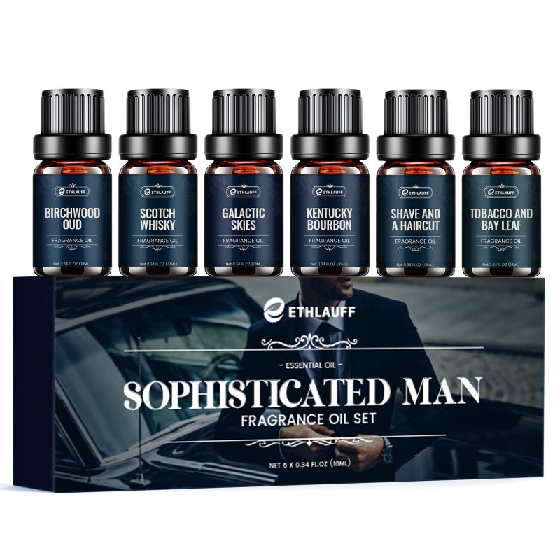 Ethlauff Men Essential Oils Set - TOP 6 Gentlemen's Fragrance Oil for Diffuser, Candle & Soap Making - Tobacco and Bay Leaf, Kentucky Bourbon, Galactic Skies, Scotch Whisky, Birchwood Oud - Image 1