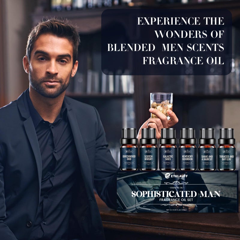 Ethlauff Men Essential Oils Set - TOP 6 Gentlemen's Fragrance Oil for Diffuser, Candle & Soap Making - Tobacco and Bay Leaf, Kentucky Bourbon, Galactic Skies, Scotch Whisky, Birchwood Oud - Image 3