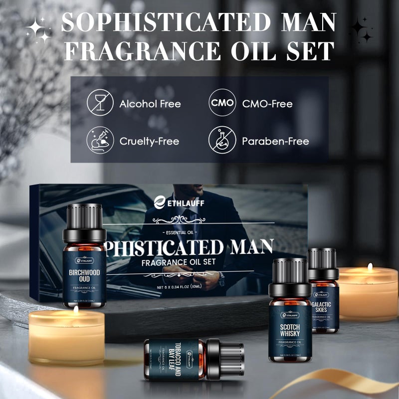 Ethlauff Men Essential Oils Set - TOP 6 Gentlemen's Fragrance Oil for Diffuser, Candle & Soap Making - Tobacco and Bay Leaf, Kentucky Bourbon, Galactic Skies, Scotch Whisky, Birchwood Oud - Image 2