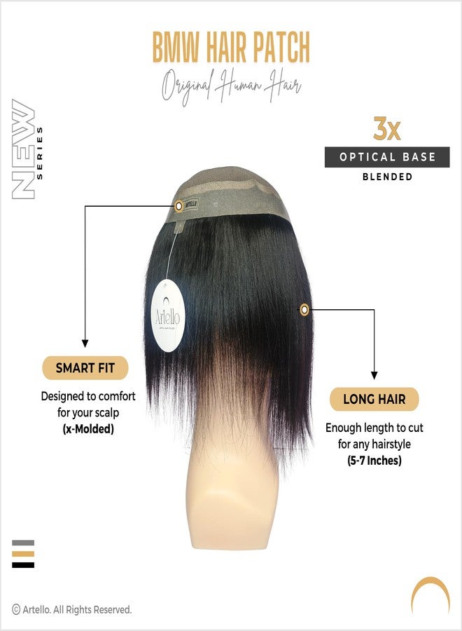 Artello® BMW Smart Hair Patch for Men, Matte Hair Wig in 100% Natural Human Hair, Lightweight and Transparent PU for Seamless Looks, 3x Optical Base (Colour: Natural Black) (7x5) - Image 2