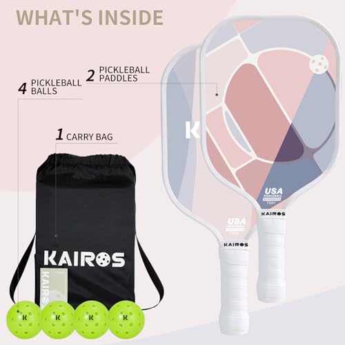 KAIROS Pickleball Paddles, USAPA Approved Pickle Ball Set with 2 Rackets 4 Pickle Balls, Non-Slip Grip Fiberglass Surface Pickleball for Beginners (Pink) - Image 5