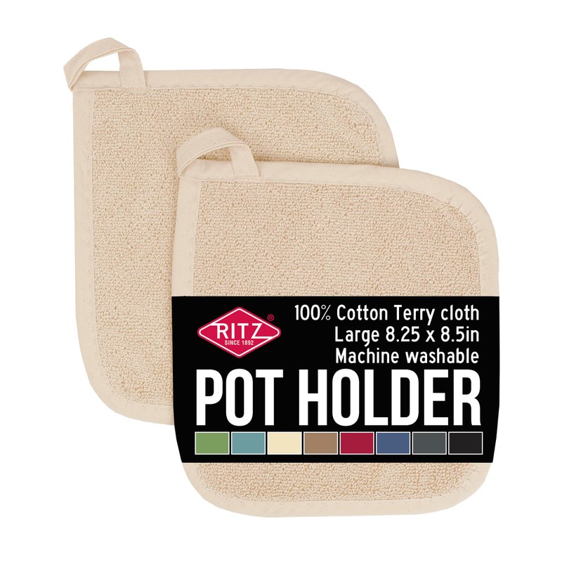 RITZ Terry Potholder  Hot Pad Heat Resistant Durable 100 Cotton  Ergonomically Designed for Optimal Grip EasyCare Machine Washable Perfect for Your Kitchen  Latte 2Pack