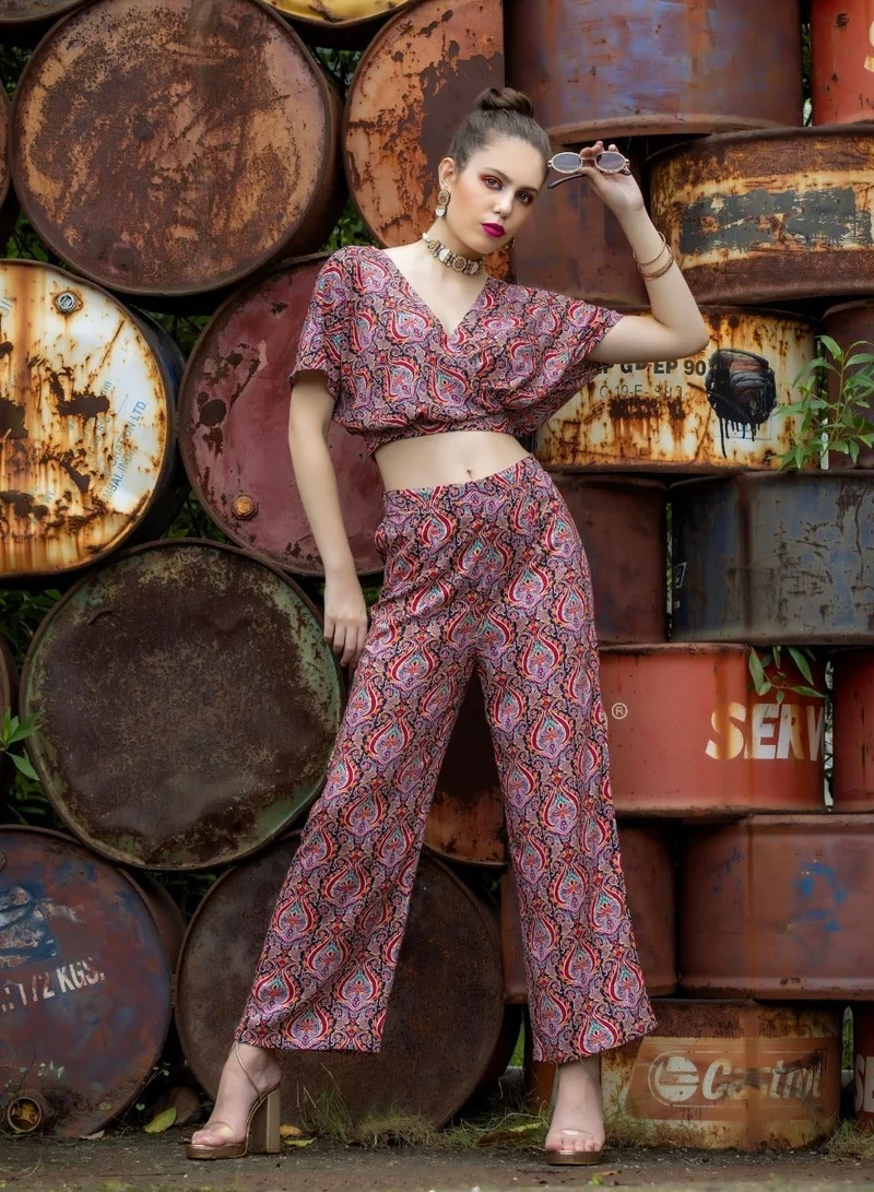 Globus Women Floral Printed V-Neck Top With Trousers