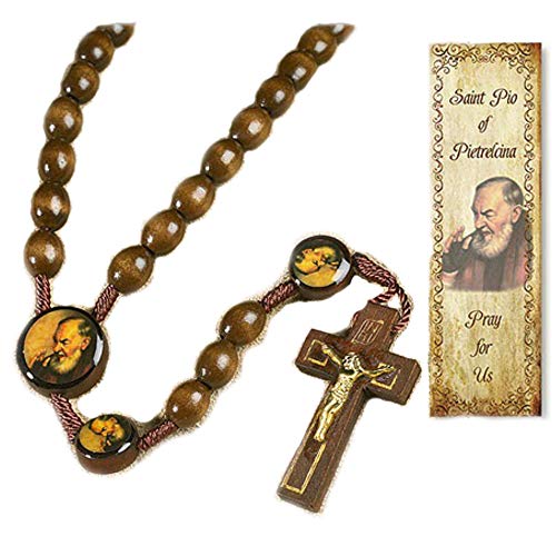 Autom Saint St Padre Pio Pietrelcina 10MM Wood Bead 19" Cord Rosary with Prayer Card (Original Version) - Image 3