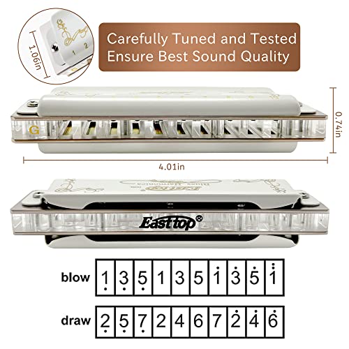 East top Blues Harmonica, 10 Holes 20 Tones Diatonic G Key with White Cover, T008L Harmonica - Image 4