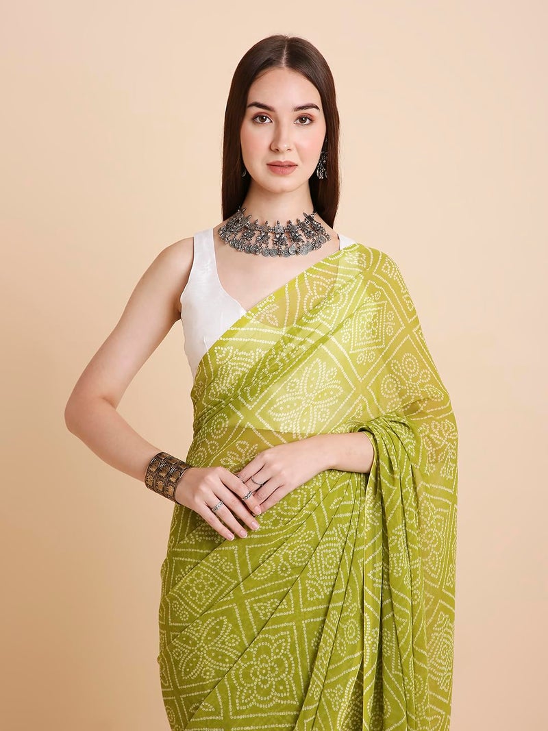 RATAN Women's Chiffon Bandhani Printed Saree without Blouse Piece (GZL-55035_Green) - Image 2