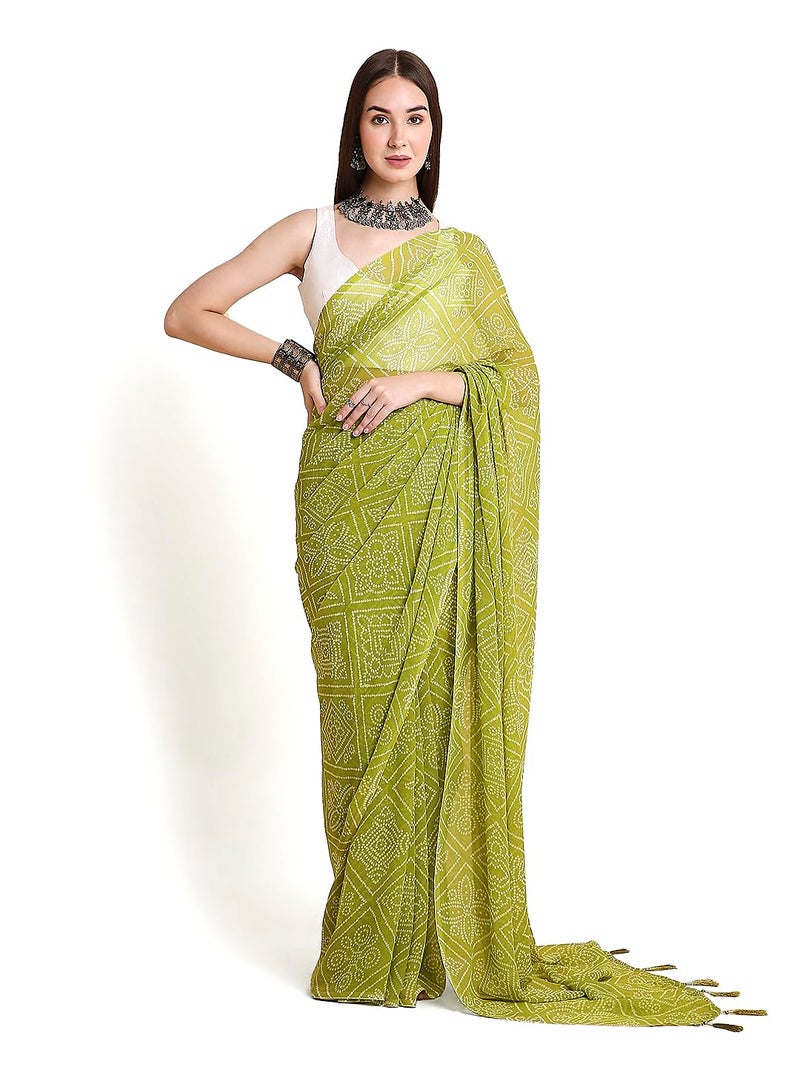 RATAN Women's Chiffon Bandhani Printed Saree without Blouse Piece (GZL-55035_Green) - Image 1