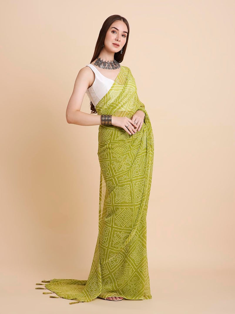 RATAN Women's Chiffon Bandhani Printed Saree without Blouse Piece (GZL-55035_Green) - Image 4