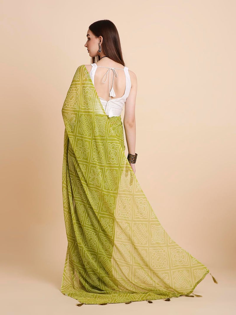 RATAN Women's Chiffon Bandhani Printed Saree without Blouse Piece (GZL-55035_Green) - Image 5