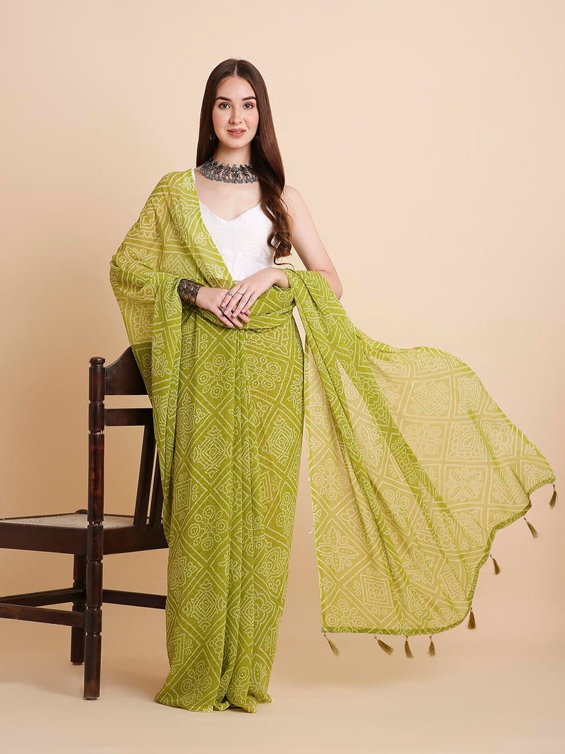 RATAN Women's Chiffon Bandhani Printed Saree without Blouse Piece (GZL-55035_Green) - Image 3