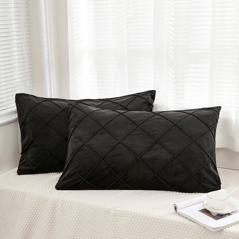 jauxio diamond قرصة مطوية crystal Velvet Plowcases 2 pack solid pintuck throw cushion coushion for Home Decor Hidden Shipper Closure (Black King)