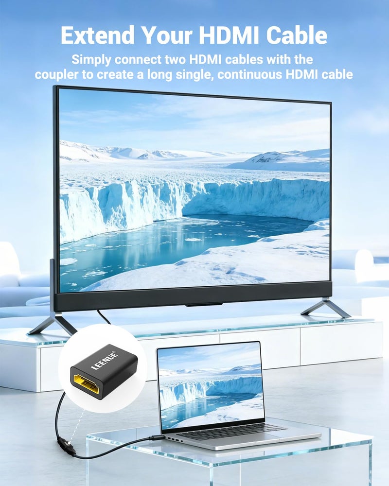 LEENUE HDMI Coupler 8K Female to Female Connector, HDMI 2.1 Aluminum Adapter, Supports 8K@60Hz / 4K@120Hz for HDTV, Roku, Monitor, Projector, Gaming Console, 2 Pack, Black - Image 2