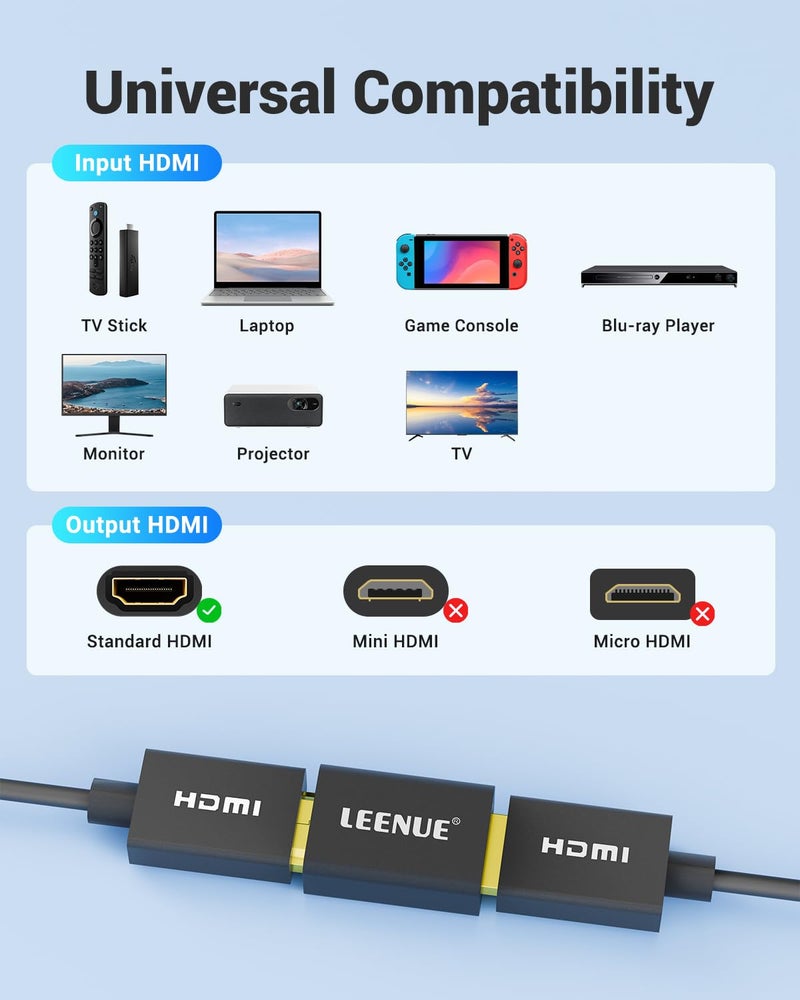 LEENUE HDMI Coupler 8K Female to Female Connector, HDMI 2.1 Aluminum Adapter, Supports 8K@60Hz / 4K@120Hz for HDTV, Roku, Monitor, Projector, Gaming Console, 2 Pack, Black - Image 5