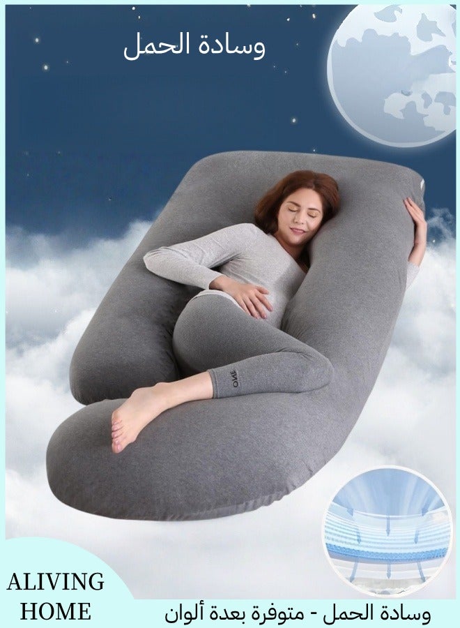 أَليفينجهوم مخدة حوامل  للنوم، وسادة حمل على شكل حرف G لدعم الأمومة لكامل الجسم، وسادة للحوامل بغطاء مخملي قابل للإزالة من القطن، مخدة دعم الأمومة لكامل الجسم (أسود+رمادي) - Image 1