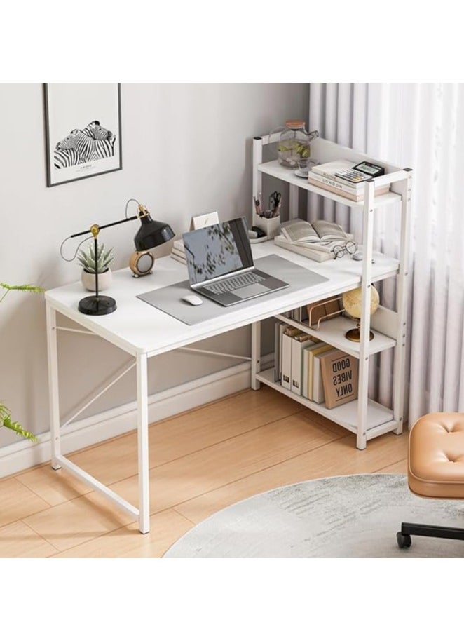 Computer Desk Office Desk Simple Gaming Desk with 4 Tier Bookshelf Writing Table Large Study Table for Kids Teenagers Home Office(White 120*55*110cm)
