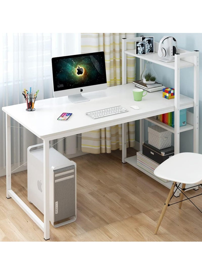 Computer Desk Office Desk Simple Gaming Desk with 4 Tier Bookshelf Writing Table Large Study Table for Kids Teenagers Home Office(White 120*55*110cm)