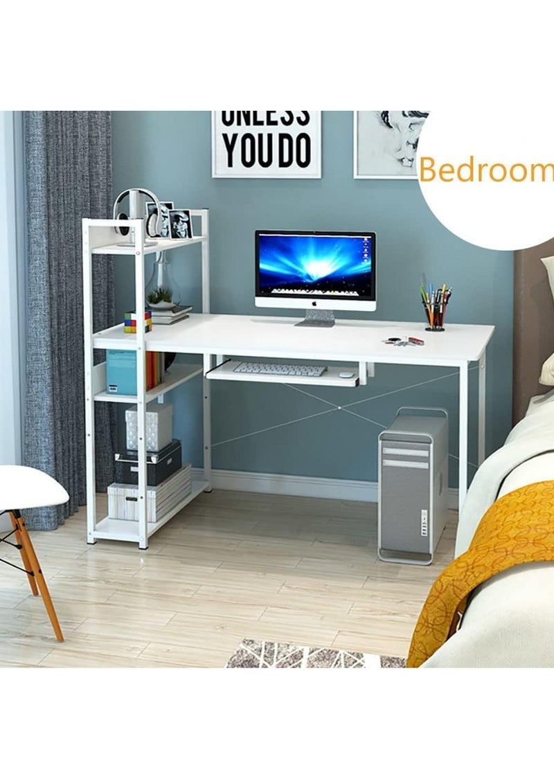 Computer Desk Office Desk Simple Gaming Desk with 4 Tier Bookshelf Writing Table Large Study Table for Kids Teenagers Home Office(White 120*55*110cm)