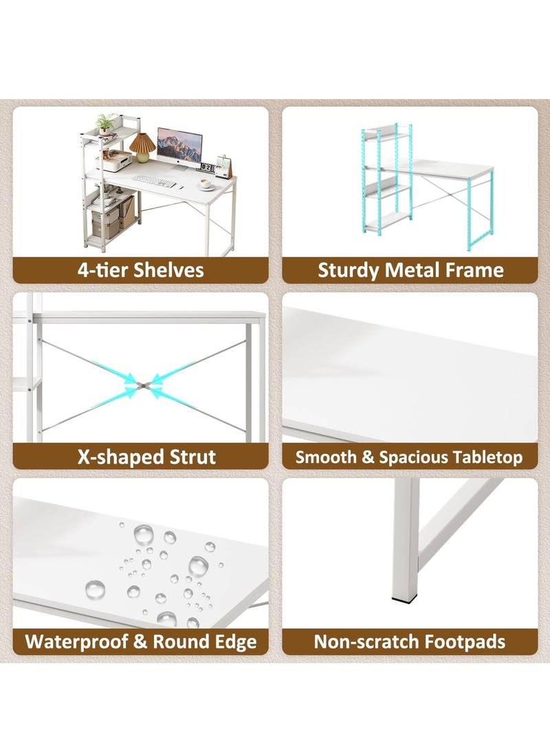 Computer Desk Office Desk Simple Gaming Desk with 4 Tier Bookshelf Writing Table Large Study Table for Kids Teenagers Home Office(White 120*55*110cm)