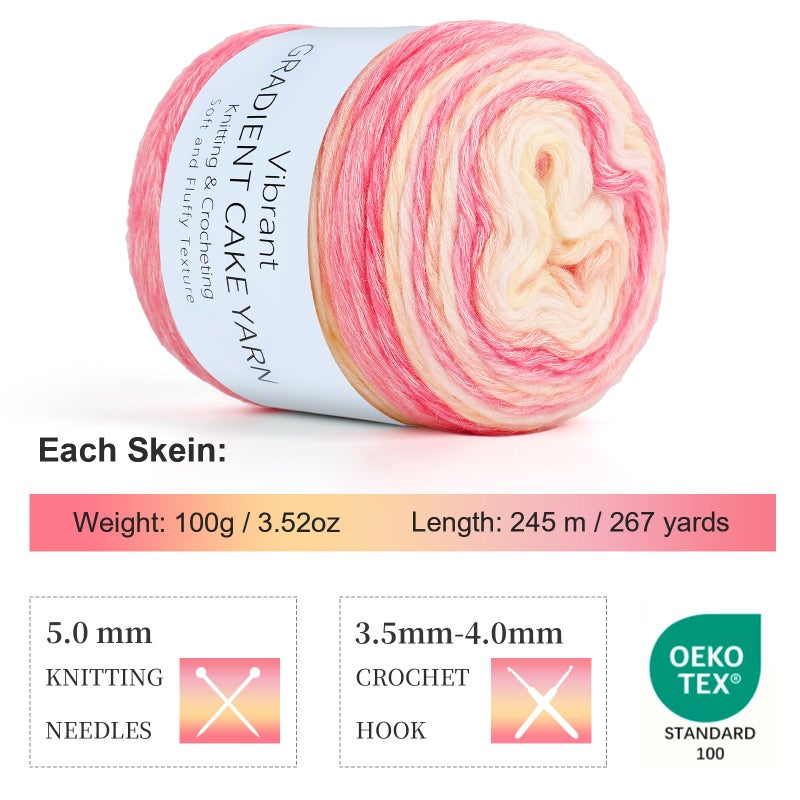 Aeelike OmbrÃ© Yarn for Crocheting, 3 Skeins Gradient Cake Yarn 100g (3.52 oz) 245m (267 Yards) # 3 Light Weight - Soft Yarns with Vibrant Colors for Making Blanket Scarves, Pink Yellow Gradient - Image 3