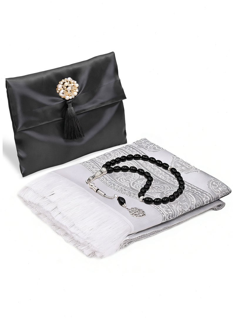 3PCS Muslim Prayer Rug Set: Prayer Mat, Beads & Compact Bag for Travel and Home Use, Best Gift Idea For Ramadan, Eid (Black) - Image 1