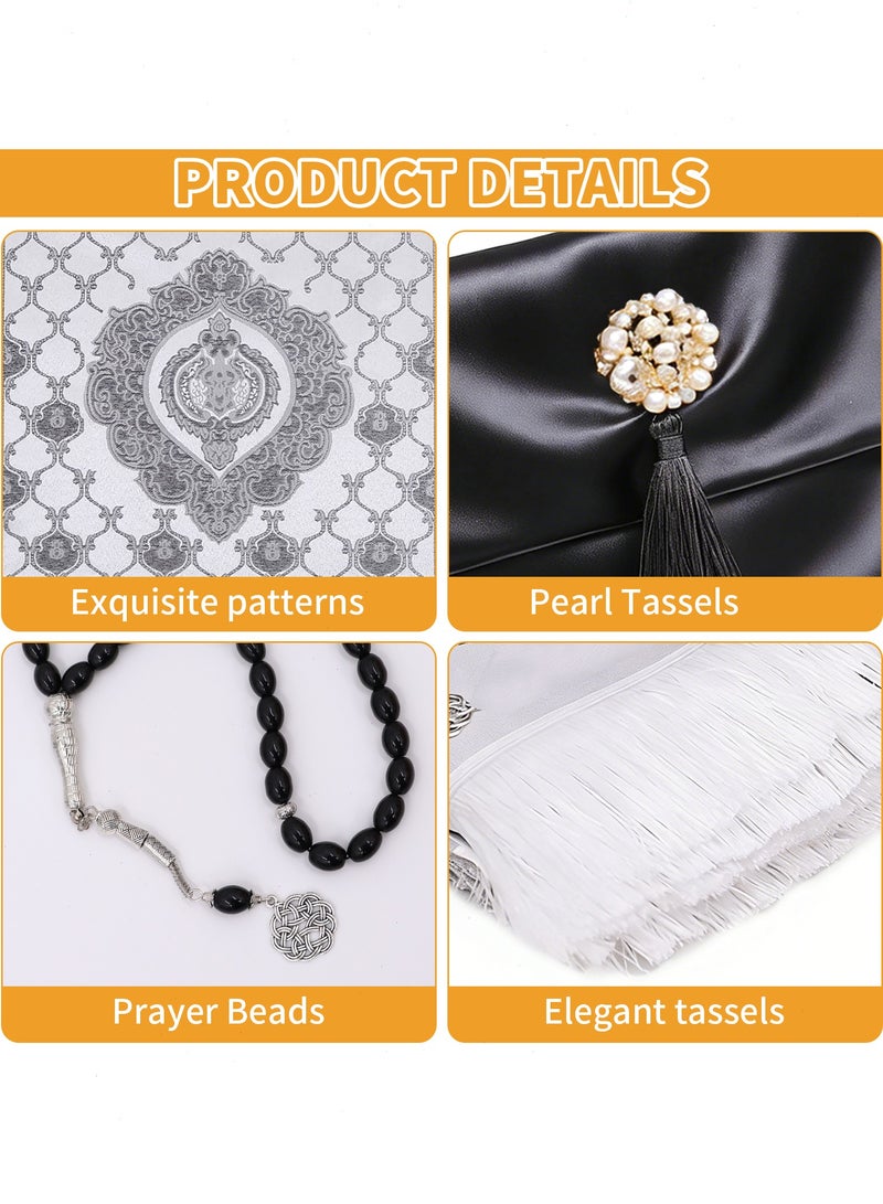 3PCS Muslim Prayer Rug Set: Prayer Mat, Beads & Compact Bag for Travel and Home Use, Best Gift Idea For Ramadan, Eid (Black) - Image 3
