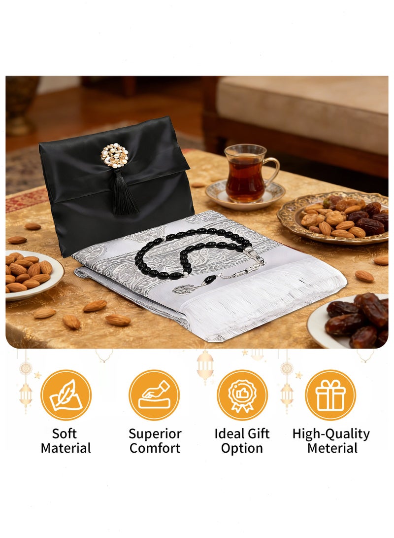 3PCS Muslim Prayer Rug Set: Prayer Mat, Beads & Compact Bag for Travel and Home Use, Best Gift Idea For Ramadan, Eid (Black) - Image 4