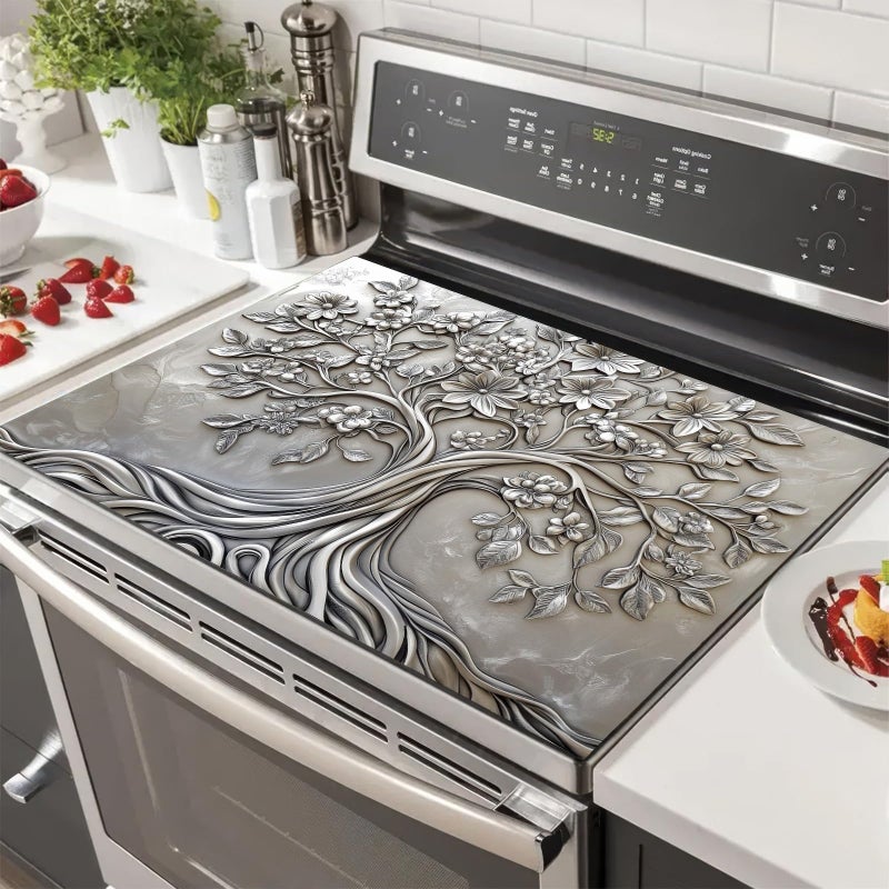 HOMETITUTE Tree of Life Stove Top Cover for Electric Stove 28x20 Inch Glass Stove Top Cover Embossed Dish Drying Mat Decorative Kitchen Protector Stylish Coffee Mat Surface Accessory - Image 1