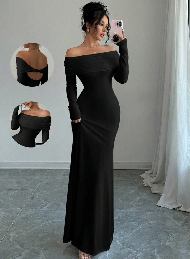 general Off-the-shoulder Pleated Fitted Long Evening Dress - Image 1