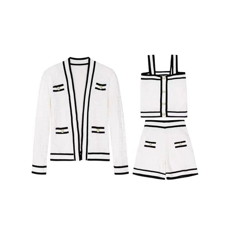 Xiao Xiang Style High-end Light Luxury Socialite Frying Street Hong Kong Style suit Womens Retro Chic Cardigan Short Skirt Knitted Three-piece Set White three-piece set