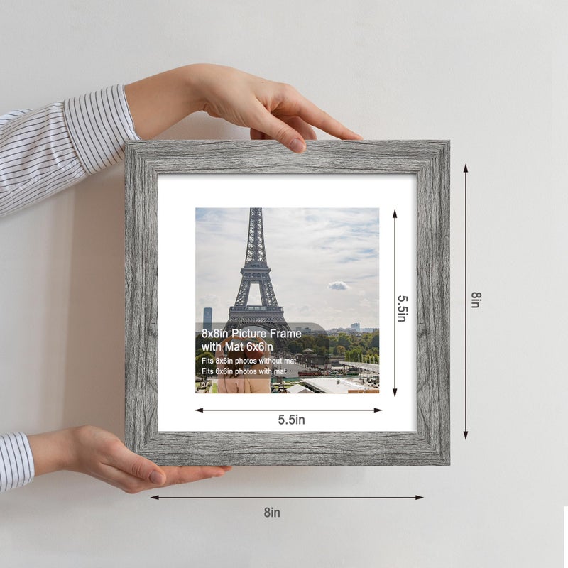 Hongkee 8x8 Picture Frames Set of 4  Made of Glass and Grey Wooden Frame - Display Picture 6x6 with Mat or 8 x 8 Without Mat  8 by 8 Photo for Wall or Tabletop - Image 2