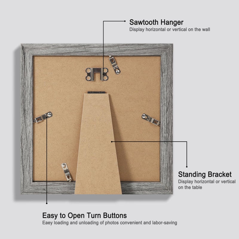 Hongkee 8x8 Picture Frames Set of 4  Made of Glass and Grey Wooden Frame - Display Picture 6x6 with Mat or 8 x 8 Without Mat  8 by 8 Photo for Wall or Tabletop - Image 3