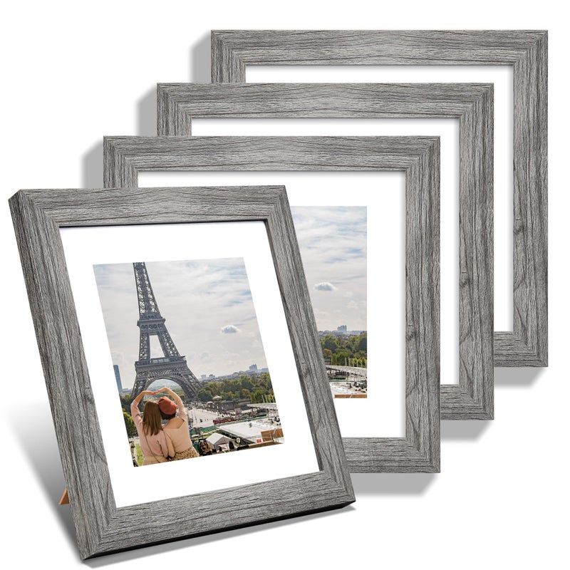 Hongkee 8x8 Picture Frames Set of 4  Made of Glass and Grey Wooden Frame - Display Picture 6x6 with Mat or 8 x 8 Without Mat  8 by 8 Photo for Wall or Tabletop - Image 1