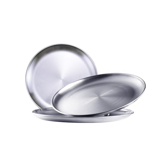 ICSTM Stainless Steel Plates,3Pcs 8Inch Dinner Dishes Plates Camping Plate,Perfect for Snack Candy Pizza Fruit Camping Etc Reusable and Dishwasher Safe (3, 8 inches) - Image 1