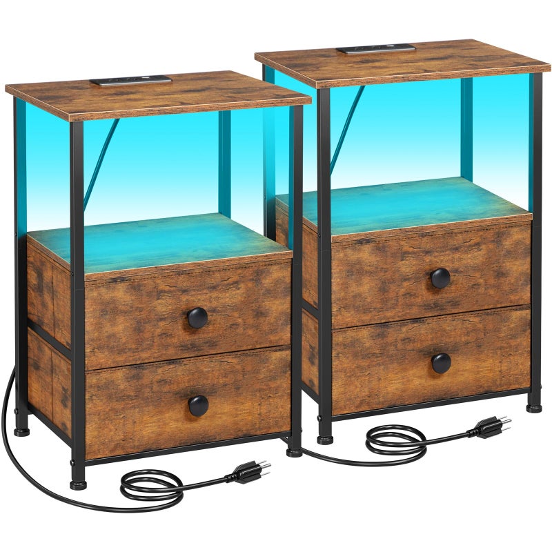 LOAKEKEL Night Stand Set 2, LED Nightstand with Charging Station, End Tables with Storage Shelf for Small Space, Bedside Table with 2 Fabric Drawers for Bedroom, Brown HETS02PQBR - Image 1