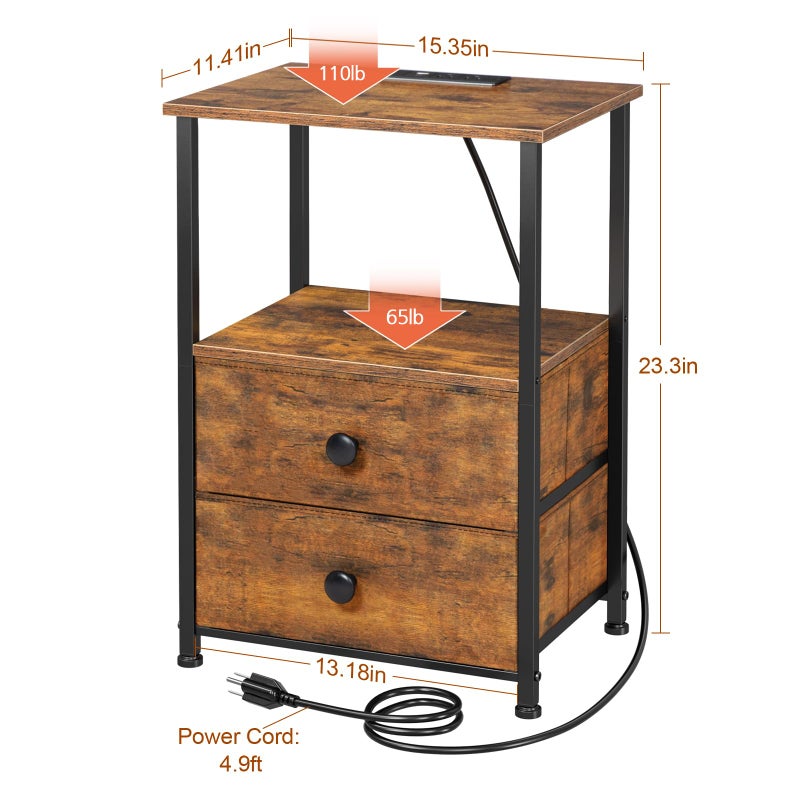LOAKEKEL Night Stand Set 2, LED Nightstand with Charging Station, End Tables with Storage Shelf for Small Space, Bedside Table with 2 Fabric Drawers for Bedroom, Brown HETS02PQBR - Image 5
