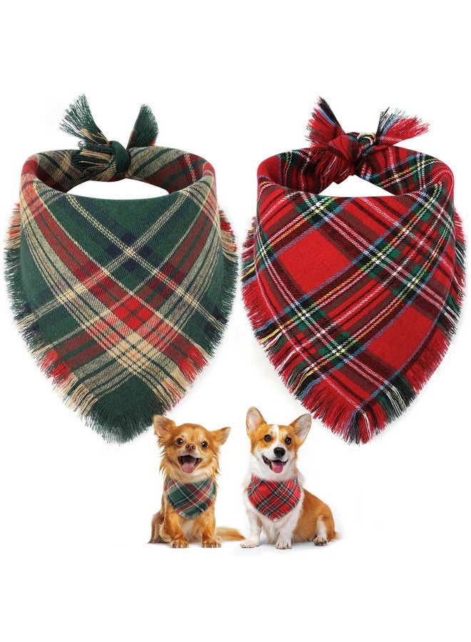 Vivifying Dog Christmas Bandana with Tassels Edges, 2 Pack Classic Plaid Triangle Pet Apparel & Accessories, Funny Holiday Dog Scarf Costume for Photo Prop, and Party Decor (Small, Red&Green) - Image 1