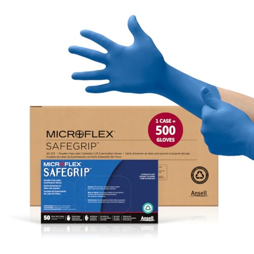 Microflex Ansell MICROFLEX SafeGrip SG-375 Extra Thick Disposable Latex Gloves for Life Sciences, Automotive w/Textured Fingertips - Large, Blue (Box of 50) - Image 1