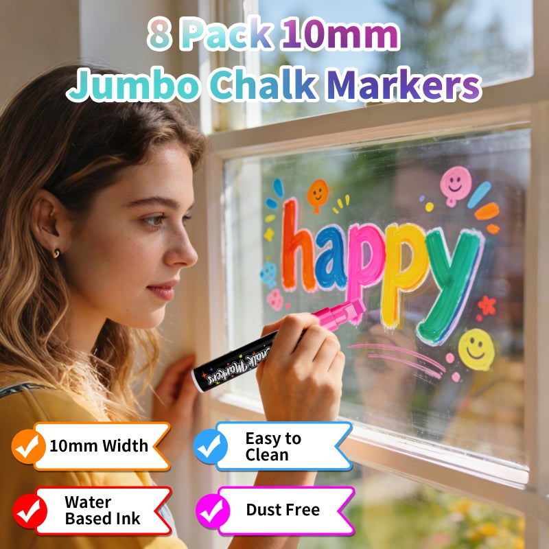 Reaeon Jumbo Liquid Chalk Markers for Blackboards, Bold Color Erasable Chalk Pens with 10mm 3 in 1 Nib, Washable Dust-Free Pens for Glass, Signs, Windows, Cars, Chalkboard (8-Pack) - Image 3