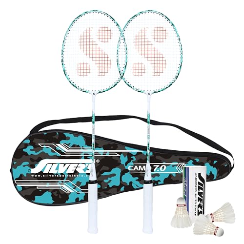 Silvers Silver's Aluminium Camo 7.0 Badminton Kit (2 Racquets with Full Cover, 1 Box Feather Shuttlecock Pack of 3)(Green/White) - Image 1