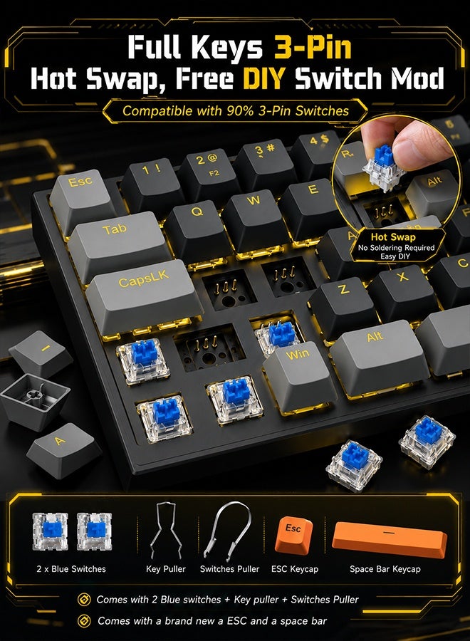 E-YOOSO Z11 60% Wired Mechanical Gaming Keyboard with Blue Switches, Hot-Swappable Keyboard Gaming With LED Yellow Backlit, Anti-ghosting, Ultra-Compact Mechanical Keyboard for PS4/5, Windows, Mac OS (Black Grey) - Image 4