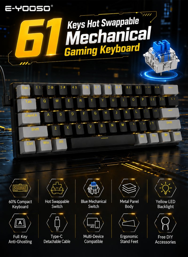 E-YOOSO Z11 60% Wired Mechanical Gaming Keyboard with Blue Switches, Hot-Swappable Keyboard Gaming With LED Yellow Backlit, Anti-ghosting, Ultra-Compact Mechanical Keyboard for PS4/5, Windows, Mac OS (Black Grey) - Image 1