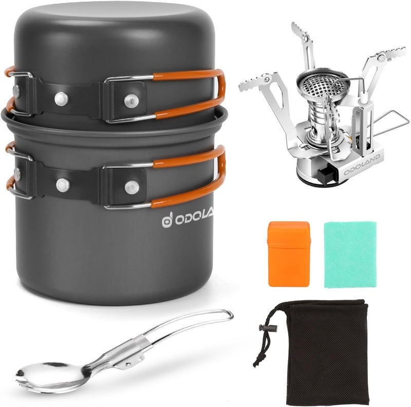 Odoland 6pcs Camping Cookware Mess Kit with Lightweight Pot, Stove, Spork and Carry Mesh Bag, Great for Backpacking Outdoor Camping Hiking and Picnic - Image 1