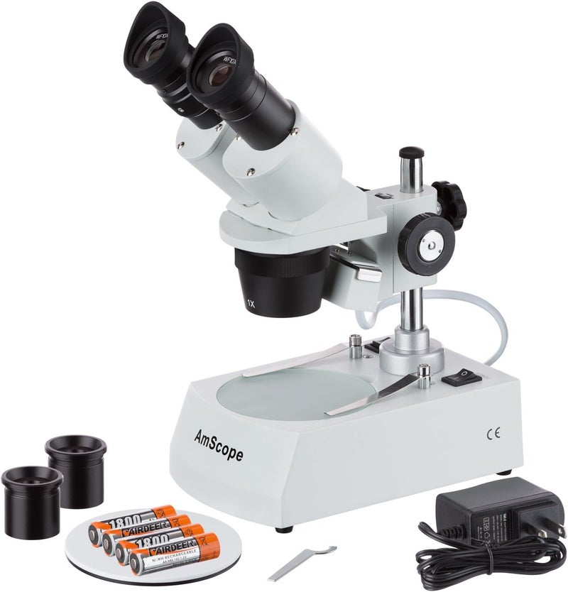 AmScope AmScope SE305RPZLED ForwardMounted Binocular Stereo Microscope WF10x and WF20x Eyepieces 10X20X30X60X Magnification 1X and 3X Objectives Upper and Lower LED Lighting Reversible BlackWhite Stage Plate Pillar Stand 120V or BatteryPowered  - Image 1