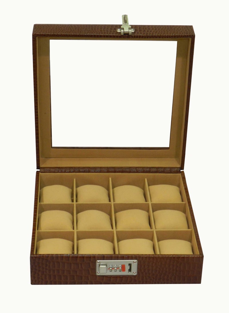 LAVERI LEATHER صندوق ساعات لافيري للرجال والنساء (12 فتحة)، علبة ساعات جلدية فاخرة مع غطاء زجاجي كريستالي، وسادة قابلة للإزالة - Image 1